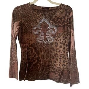 VTG Meyamour Brown Cheetah Rhinestone Fleur De Leaf Euro Long Sleeve T Shirt - S
